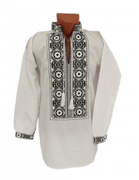 Camasa traditionala barbateasca alba cu broderie neagra si gri
