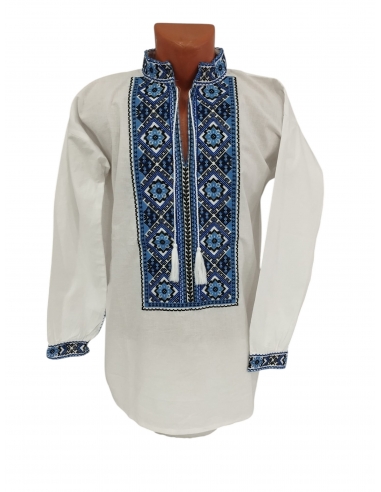 Camasa traditionala barbateasca alba cu broderie albastra si bleumarin