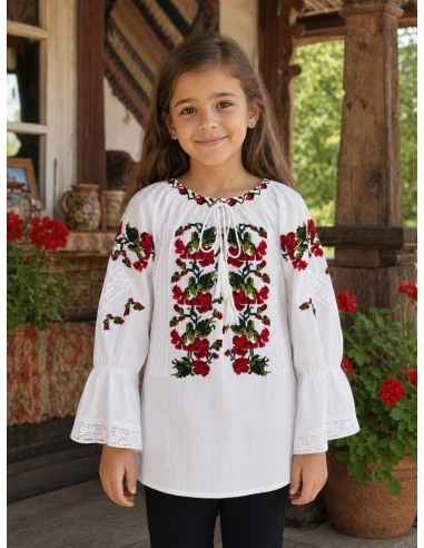Ie traditionala fetite alba brodata cu trandafiri rosii si dantela