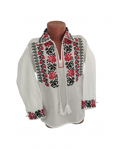 Camasa traditionala pentru baieti alba cu broderie rosie si neagra