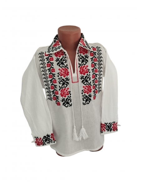 Camasa traditionala pentru baieti alba cu broderie rosie si neagra