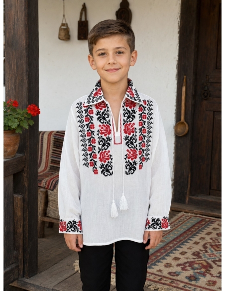 Camasa populara romaneasca pentru baieti cu guler si broderie florala
