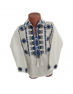 Camasa traditionala baieti alba cu broderie albastra si neagra