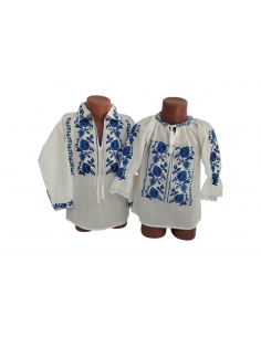 Set traditional frate si sora cu broderie florala albastra
