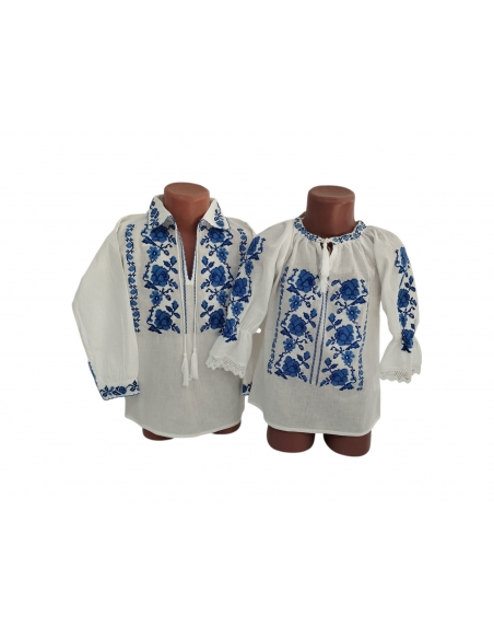 Set traditional frate si sora cu broderie florala albastra