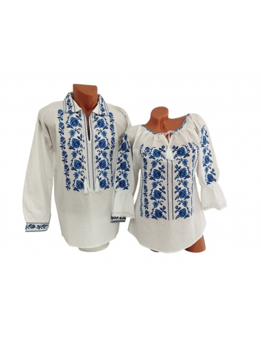 Ie dama si camasa barbat cu broderie florala albastra
