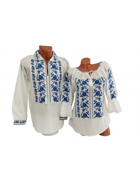Ie dama si camasa barbat cu broderie florala albastra