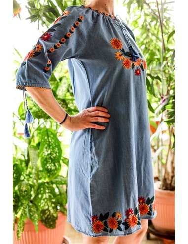 Rochie din denim cu broderie traditionala Anemona