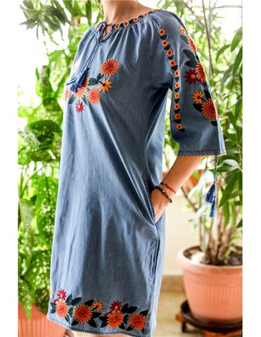 Rochie din denim cu broderie traditionala Anemona