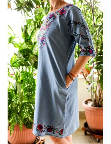 Rochie din denim cu broderie traditionala Adela