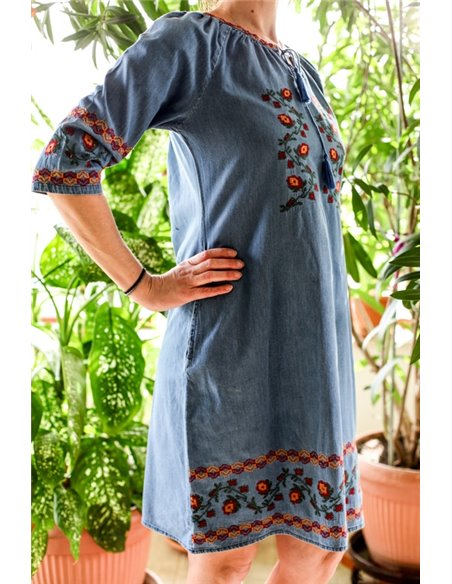 Rochie din denim cu broderie traditionala Aurelia