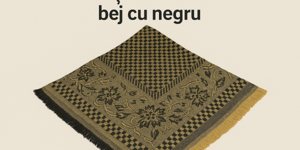 Basma Tradițională Românească Bej cu Negru – Model cu Flori și Ciucuri