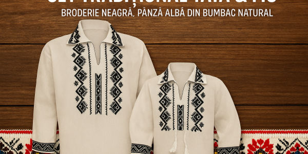 Set Tradițional Tată și Fiu – Broderie Neagră pe Pânză Albă din Bumbac Natural