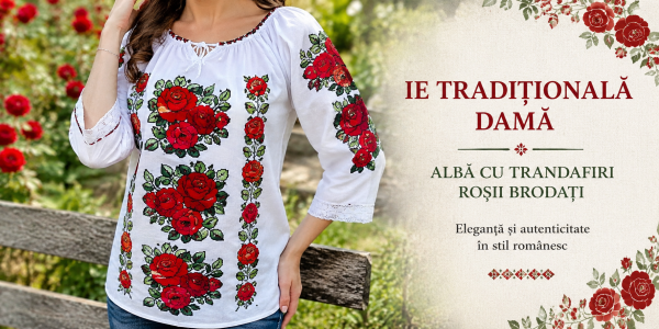 Ie Traditionala Dama Alba cu Trandafiri Rosii Brodati – Simbolul Elegantei Romanesti