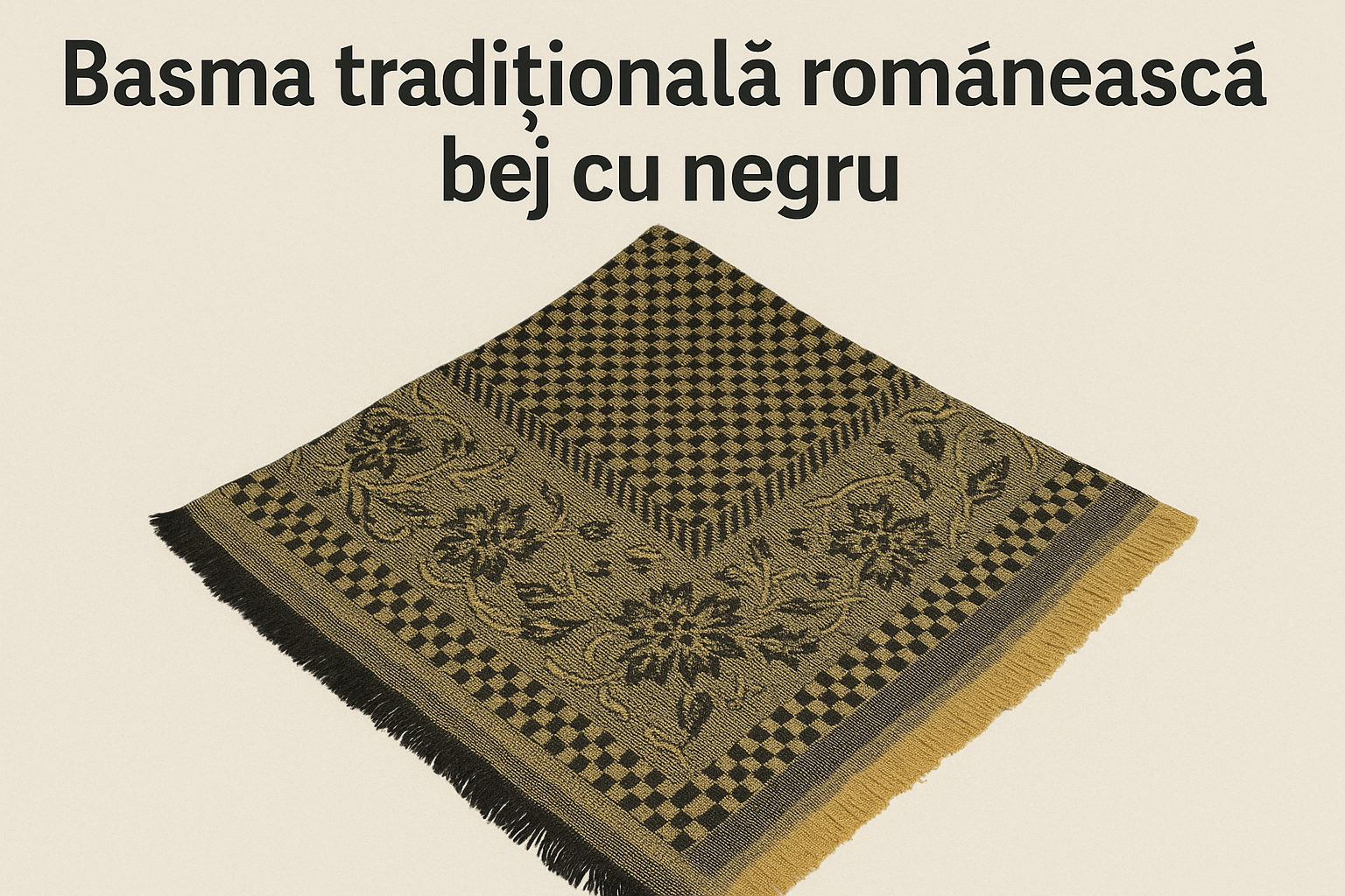 Basma Tradițională Românească Bej cu Negru – Model cu Flori și Ciucuri
