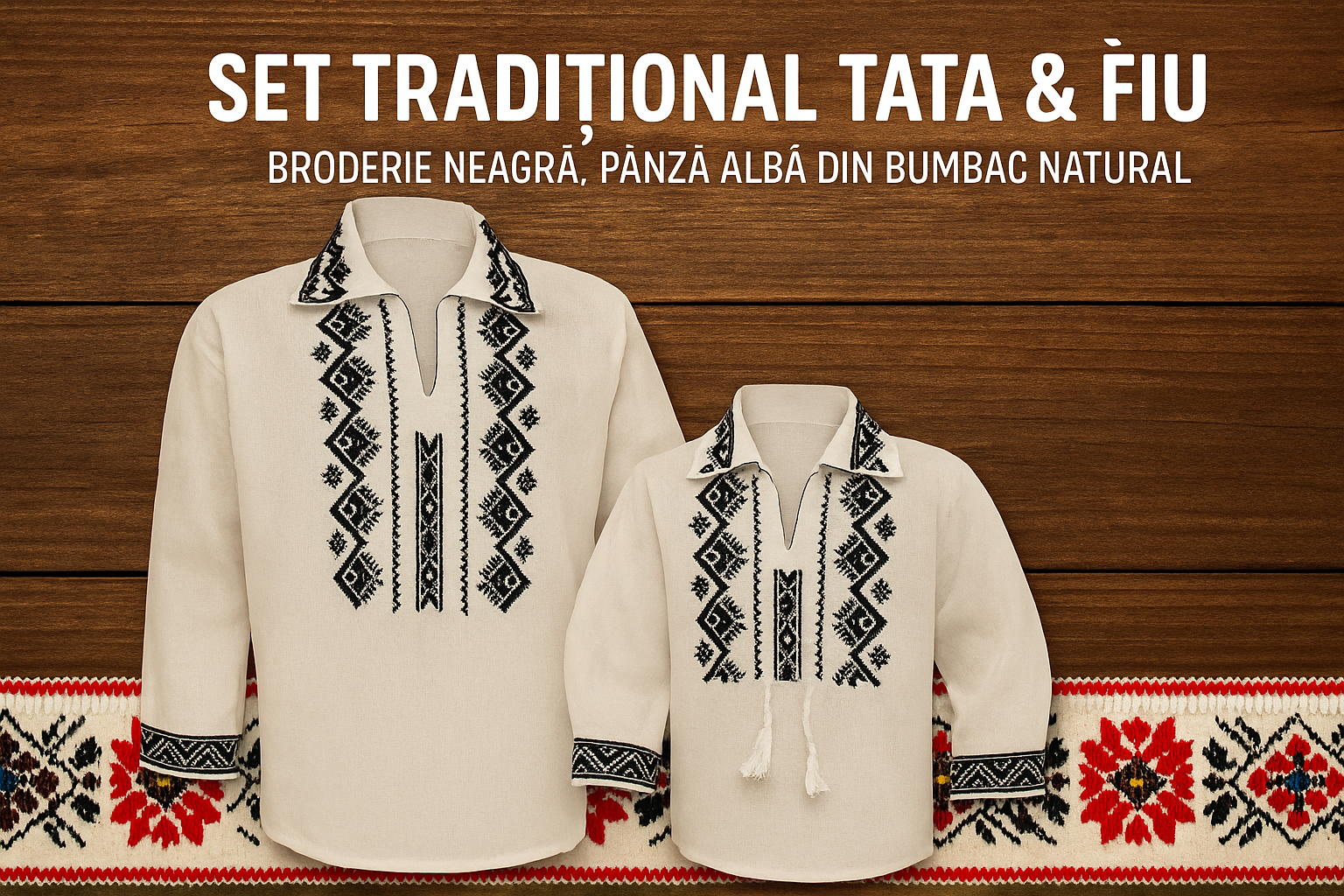 Set Tradițional Tată și Fiu – Broderie Neagră pe Pânză Albă din Bumbac Natural