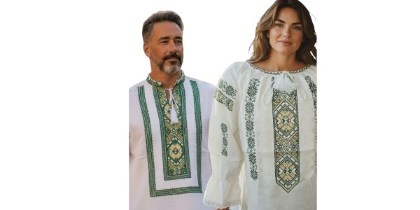 Set Familie – Ii Traditionale Brodate Verde si Auriu din Bumbac pentru El si Ea